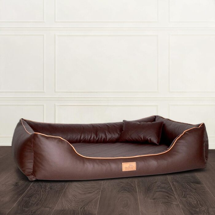 Ортопедичне собаче ліжко Tierlando Louis з стьобаного штучного шкіровинилу в клітинку з матрацом з Memory Foam, 100x75 см, Колір: Коричневий