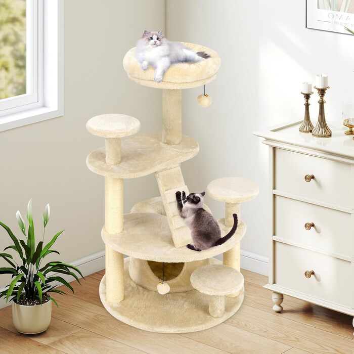 Дерев'яний кігтечка для котів Costway з будиночком, сходами, платформами та іграшкою (світло-бежевий)