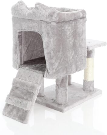 Дряпка для котів Fudajo 60 см з будиночком, платформами та ігровими елементами, покриття сизаль, сірий колір