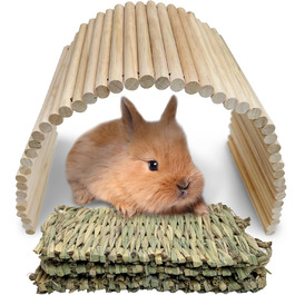 Дерев'яна драбина для кроликів та шиншил з 3 трав'яними килимками Hamiledyi, іграшка для гризунів, тунель/притулок/рампа, роздільник, килимки для кроликів, 26.4x7.9+3 шт.