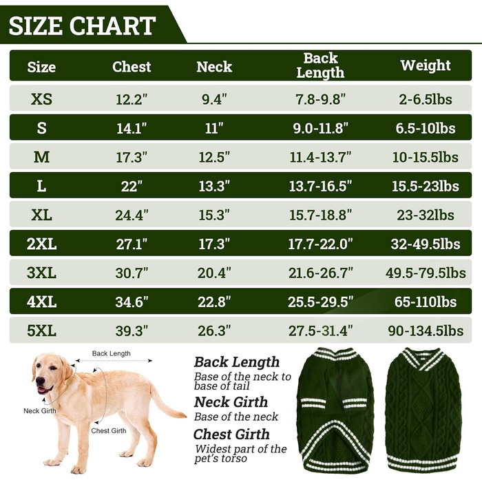 Теплий в'язаний пуловер для собак великих порід (XL, зелений) - Французький бульдог, Лабрадор, Німецька вівчарка