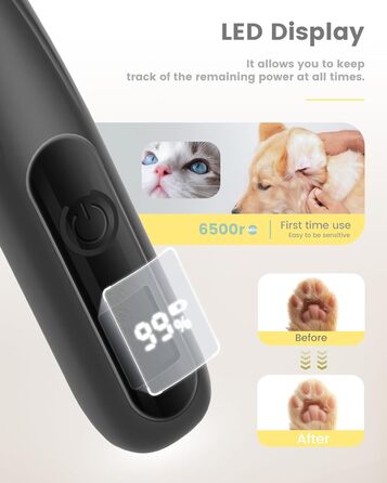 PAPMINI Безшумна машинка для стрижки котів з LED дисплеєм, Type-C, акумулятор, машинка для стрижки котів, бездротова кусачка для кігтів, професійна машинка для стрижки лап, вух, обличчя, спини, чорна