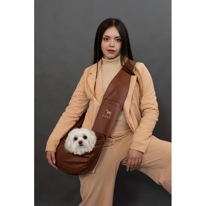 Сумочка для собак Noah & Paw для маленьких собак до 5 кг, з регульованим плечовим ременем та м'яким хутром, 3 системи безпеки, переноска для тварин з веганської шкіри (колір коричневий, розмір L 38 x 15 x 14 см)