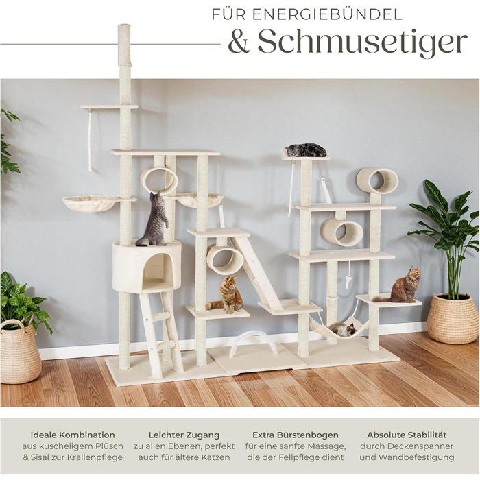 Дряпка для котів tectake Snooky | Ігровий центр з багатоярусною дряпкою та будиночком | Платформи для спостереження (Сірий, Бежевий)