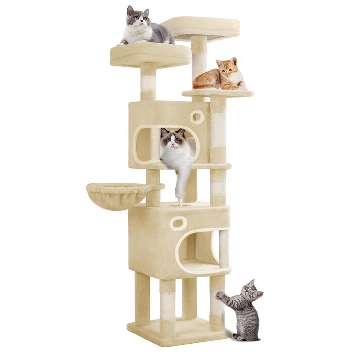 Драбина-кіготь для котів Hzuaneri, 159 см, 8 стовпчиків, 3 платформи, 2 печери, кошик, м'ячики, мотузка, підходить для котів різних розмірів, бежевий MS15918YL L (50 x 40 x 159 см)