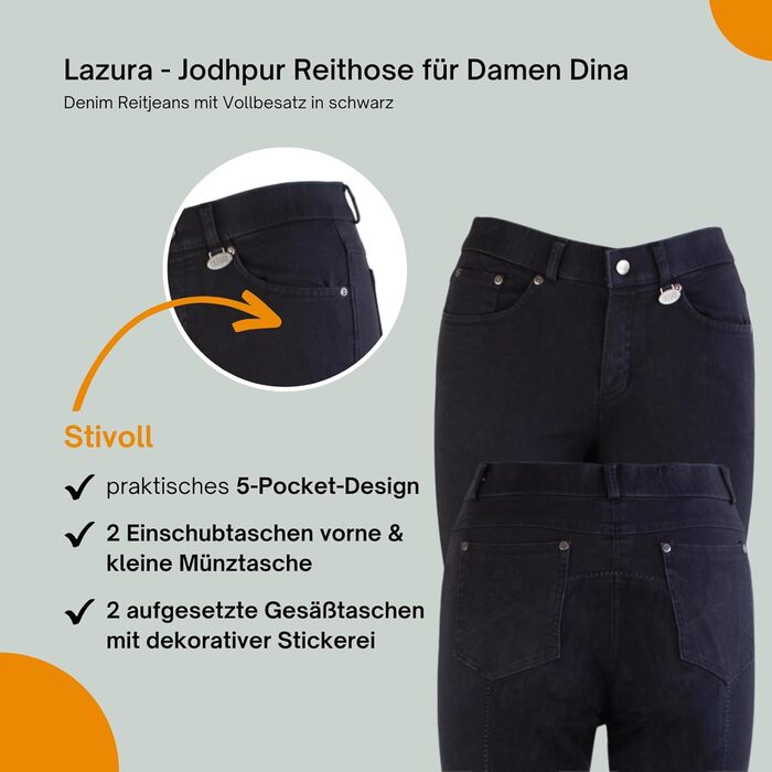 Лазура - жіночі рейтузи Джодхпур Діна | Джинсові рейтузи з повним обтиском | Дихаючі та еластичні рейтузи з повним обтиском | Джинсові рейтузи з 5 кишенями | Рейтузи для верхової їзди в 3 кольорах | Розміри 36-46 (46, Чорний)
