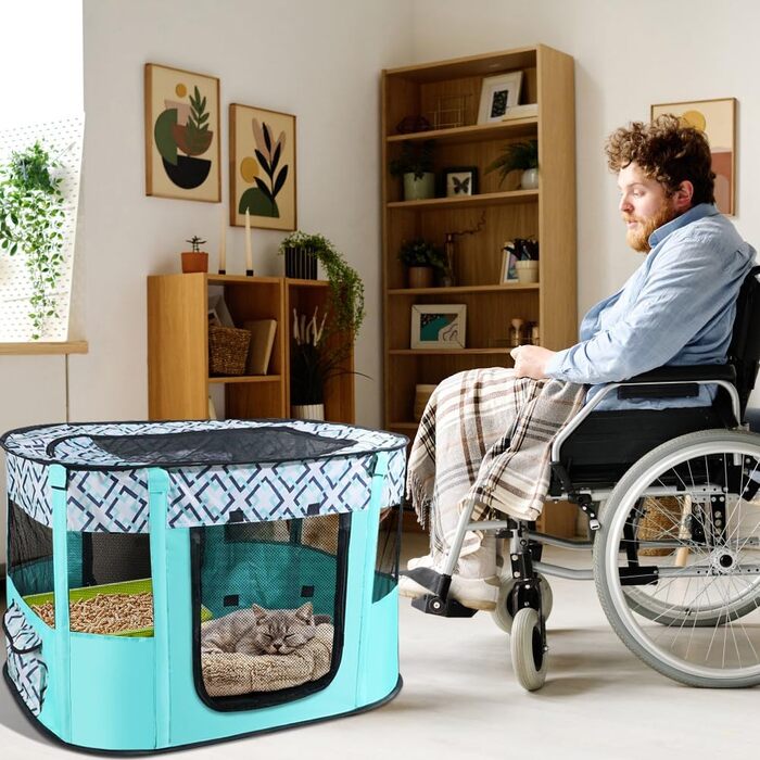 Клітка-забіг для цуценят та собак, розкладна, 70x55x40 см, зелена в клітинку