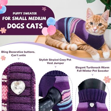 Пуловер для собак у смужку, теплий в'язаний пуловер з коміром-горловиною, теплий та м'який одяг для собак маленьких та середніх порід (L, фіолетовий у смужку)