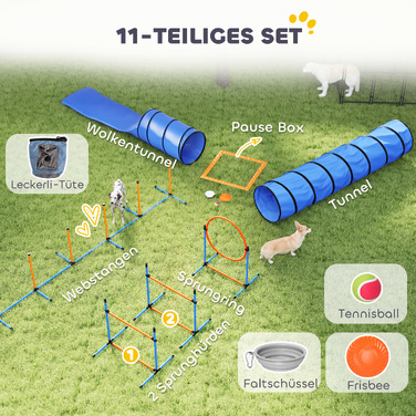 Набір для аджиліті для собак (11 предметів): тренувальний комплект із 2 тунелями, регульованими перешкодами, кільцем для стрибків та сленлом-стійками