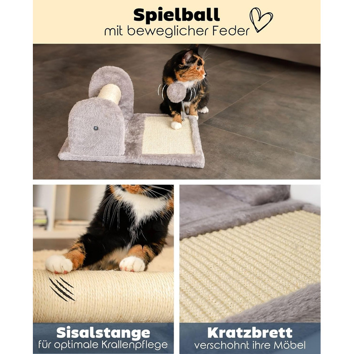 Котячий будиночок Lionto з дряпалкою, іграшкою та мотузкою, 40x30 см, сірий