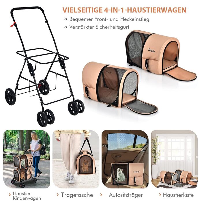 Hundewagen FANTASK 2-ярусний з сітковими вікнами та тримачем для напоїв, до 16 кг, для собак та котів, бежевий