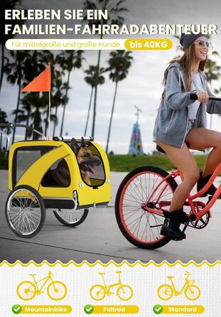 SEPNINE® Причіп для собак XL 2-в-1, велосипедний та візок для собак до 40 кг, складний з гальмами та зчіпним пристроєм, для середніх та великих собак - Синій (Жовтий - до 40 кг)