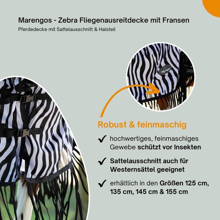 Деки для коней Marengos Zebra з бахромою, 155 см: захист від комах, з вирізом для сідла та начолею, чорно-білий колір, зовнішня деки для коней