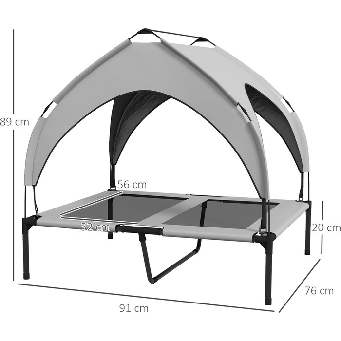 PawHut Підвищене собаче ліжко з балдахіном, Outdoor ліжко для собак з дахом, дихаюче, для маленьких та середніх собак, Оксфорд 76 x 61 x 69,5 см (91 x 76 x 89 см), світло-сірий