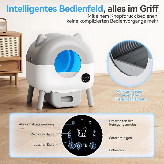 Автоматичний лоток для котів Katzenklo з самоочищенням, велика ємність 90л+15л, панель керування, керування через додаток, AI-моніторинг здоров'я кота, XXL