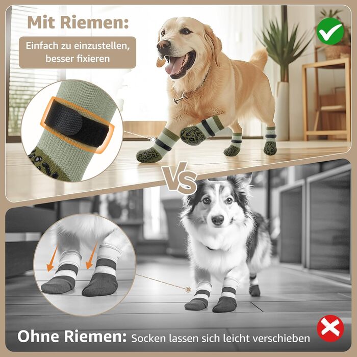 Шкарпетки для собак PICK FOR IFE антиковзаючі, 2 пари, двосторонні, з регульованими ремінцями, для дому (L, зелений)