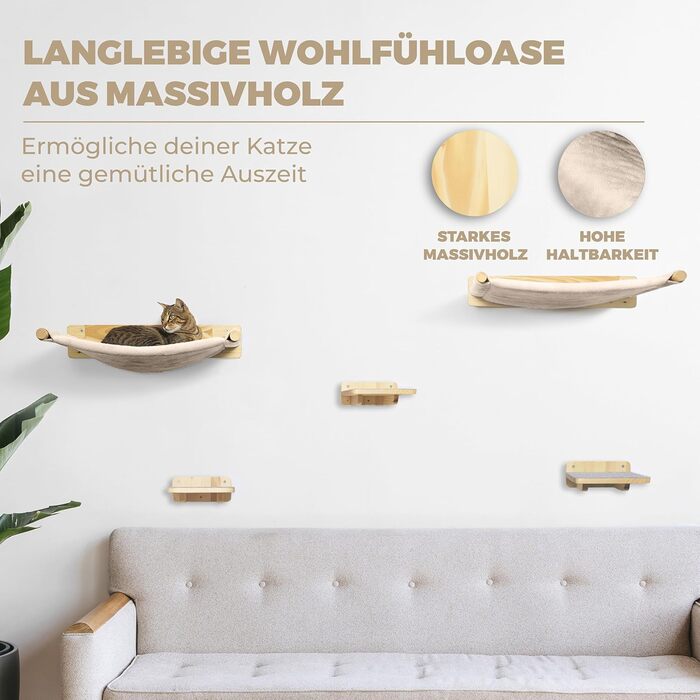 WOOWOOD® Стіна для лазіння котів з 2 сходами, масив дерева, настінний комплекс, гамак, кігтеточка, меблі для котів, повний комплект (5 елементів)