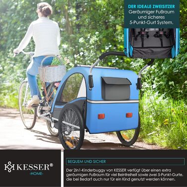 Дитячий велопричіп KESSER Sport-RX 2в1 (вело-коляска) для 1-2 дітей, до 40 кг, з рефлекторами, 5-точкова система безпеки, тримач для напоїв та смартфон