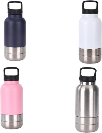 Портативна пляшка для собак з мисками для їжі та води, 3-в-1, ізольована сталева пляшка для подорожей, походів, прогулянок (глибока), рожева