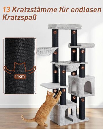 Великий котячий будиночок Kratzbaum Groß: 164 см, для великих котів (Maine Coon), стабільний, з гамаком, платформами та печерею
