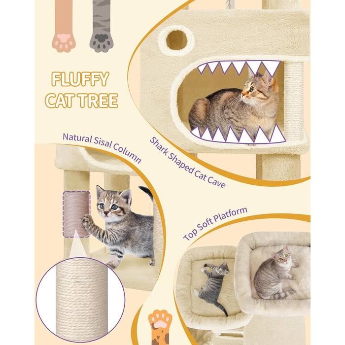 Драбина-кіготь для котів Hzuaneri, 159 см, 8 стовпчиків, 3 платформи, 2 печери, кошик, м'ячики, мотузка, підходить для котів різних розмірів, бежевий MS15918YL L (50 x 40 x 159 см)