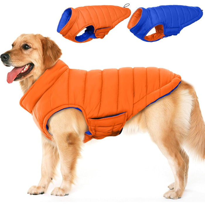 Зимовий теплий водонепроникний одяг для собак великих порід Lelepet, вітрозахисна куртка з клямками, оранжевий/синій, 3XL