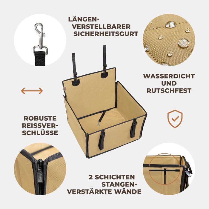 Автокрісло для собак Wuglo Extra Stabiler – надійне, водонепроникне автокрісло для собак середніх розмірів до 18 кг, бежеве