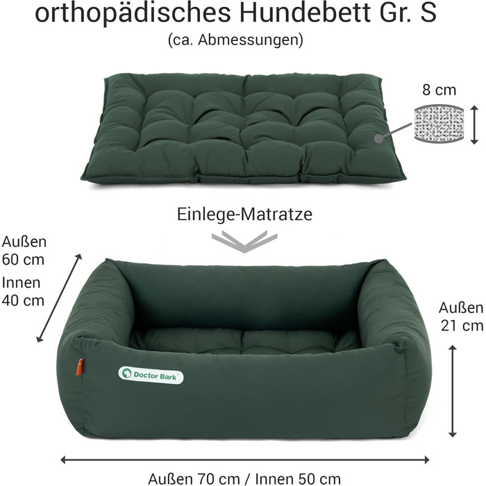 Ортопедичне ліжко для собак Doctor Bark - миється до 95°C, гігієнічне, без запаху, з м'якою подушкою (S - 70x60 см, зелене)