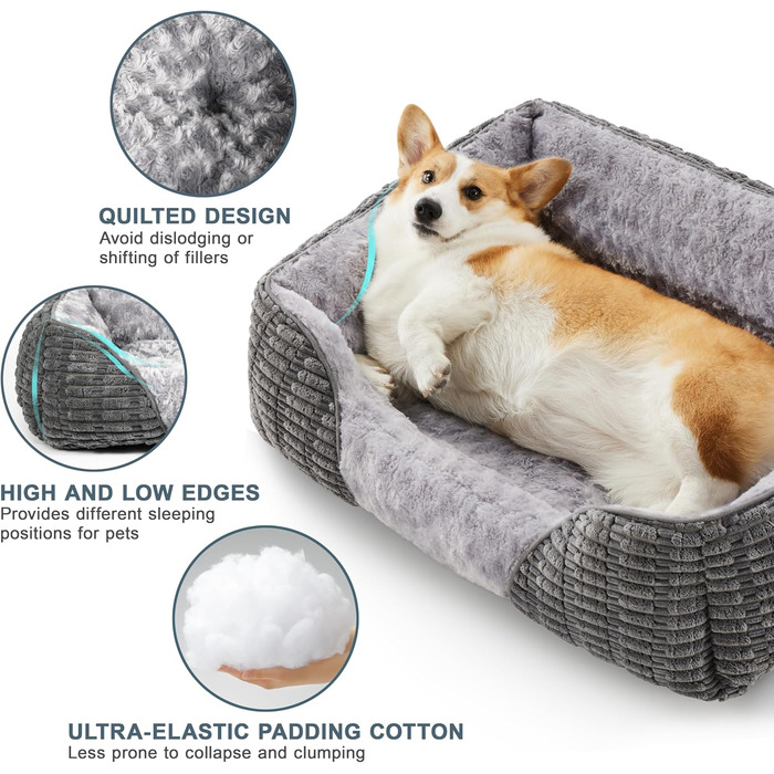 Велике собаче ліжко з неслизьким дном, кошик для собак/диван для домашніх тварин з тканини корд, піднятий борт, для лабрадора, німецької вівчарки, 89x64x23 см, сірий колір