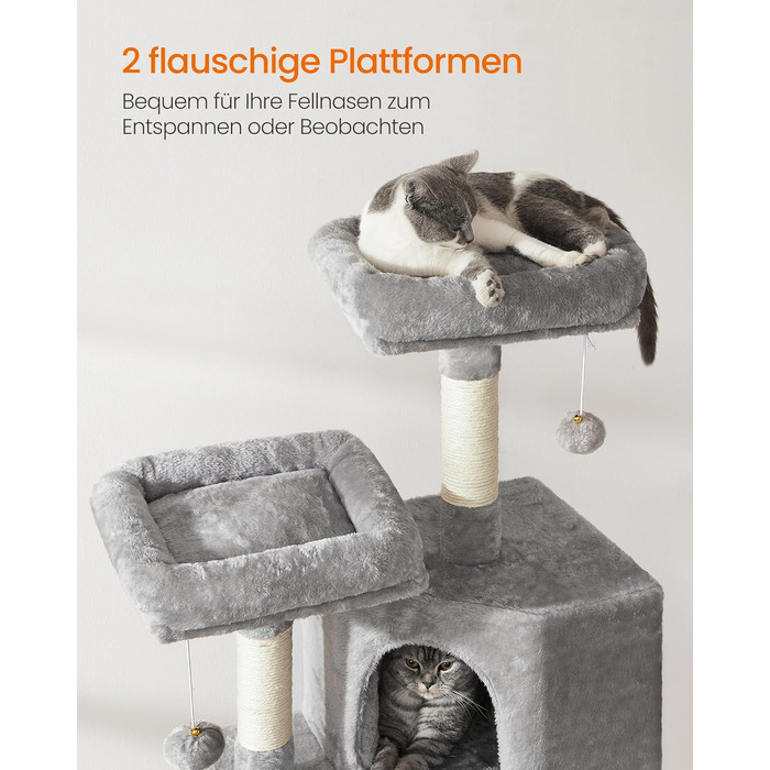 Дерево для котів FEANDREA Kratzbaum, 115 см, сірий, з платформою та когтеточкою, з м'якого плюшу, повністю обмотане сизалем, PCT141W01