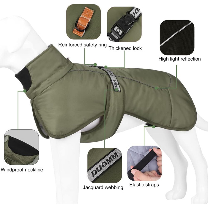 Водонепроникна тепла куртка для собак великих та середніх порід, зимова, з отвором для шлейки, світловідбиваючі смуги, зелена, 6XL