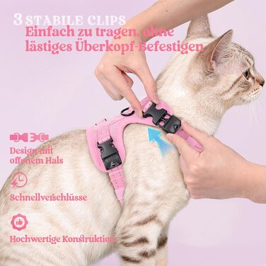 Шлейка для котів rabbitgoo з повідцем, анти-втеча, м'яка та зручна, світловідбиваюча, для безпечних прогулянок (Розмір S, Рожева)
