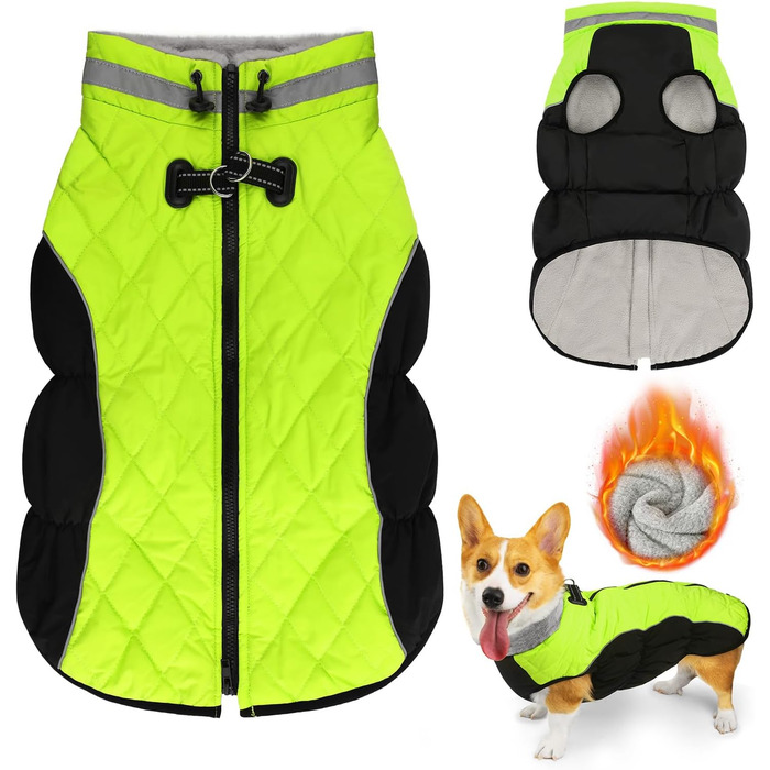 Зимова куртка для собак, водонепроникна, тепла, м'яка, вітрозахисна. З облаштуванням для повідка, світловідбиваюча, з блискавкою та регульованою застібкою. Для малих та середніх собак (Зелений, XL)