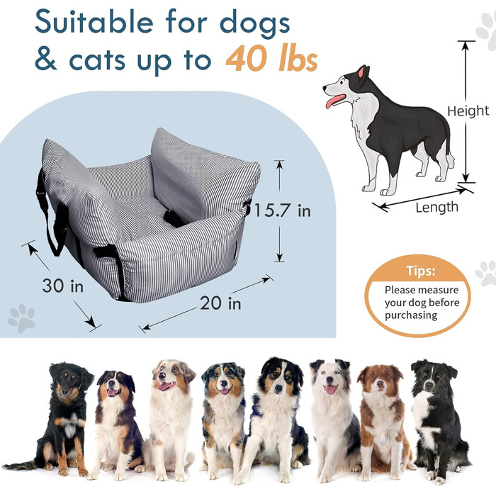 Автокрісло для собак - автокрісло-бустер для маленьких та середніх собак до 18 кг, з ременем безпеки та кишенями для зберігання, миється, антиковзаюча підставка (смугастий морський колір), 30x20.5 дюймів