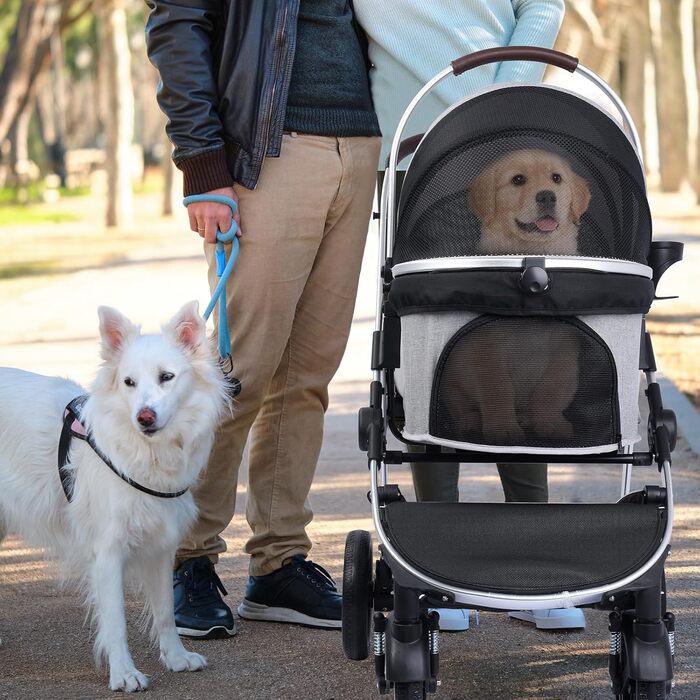 Візок для собак DAISTERN, складаний, до 25 кг, сірий. Легкий алюмінієвий каркас, поворотне EVA-колесо з амортизатором та гальмом, 4-в-1 для прогулянок, міста та ветеринара.