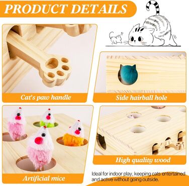 Інтерактивна іграшка для котів BOHJPIS з дерева: мишка-молот, пазл-коробка з іграшками, 5 отворів для тренування та розваг