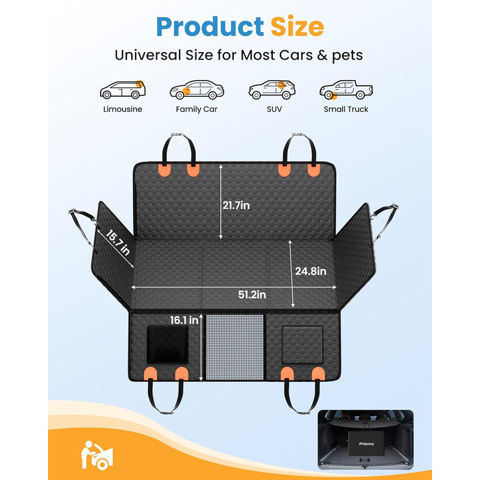 Подовжувач для заднього сидіння автомобіля для собак, водовідштовхувальний чохол на сидіння для собак, витримує до 180 кг, знімний жорсткий каркас, міцна підвісна лежанка для собак у автомобіль, SUV, вантажівка