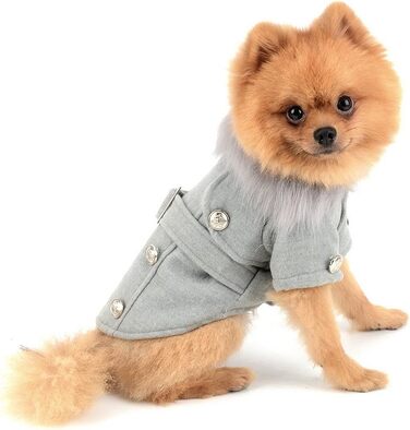 Зунеа Тепла куртка для тварин Pea Coat для цуценят, флісова куртка, жакет для маленьких собак і котів, зимовий парка, вітрозахисний, з штучним хутром, європейський стиль, сірий, великий розмір