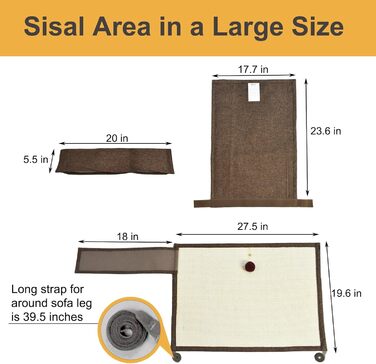 Захист для дивану від кігтів котів, 70 x 50 см, з сизалю, для праворуких (коричневий)