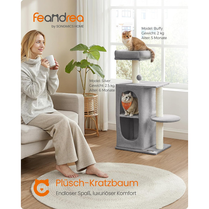 Дряпка для котів Feandrea, кігтеточка з 2 будиночками, кігтешліфувальні стовпчики, для багатокотових родин, кошенят, світло-сіра PCT005G01