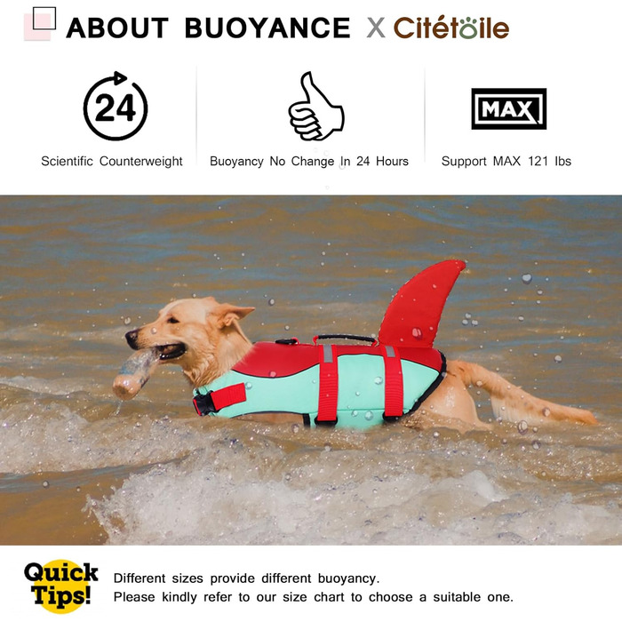 Спасальний жилет для собак у вигляді акули, XL (2XL), червоно-зелений. Безпечний та легкий жилет для водних розваг з ручкою та світловідбиваючими елементами для собак маленьких, середніх та великих порід.