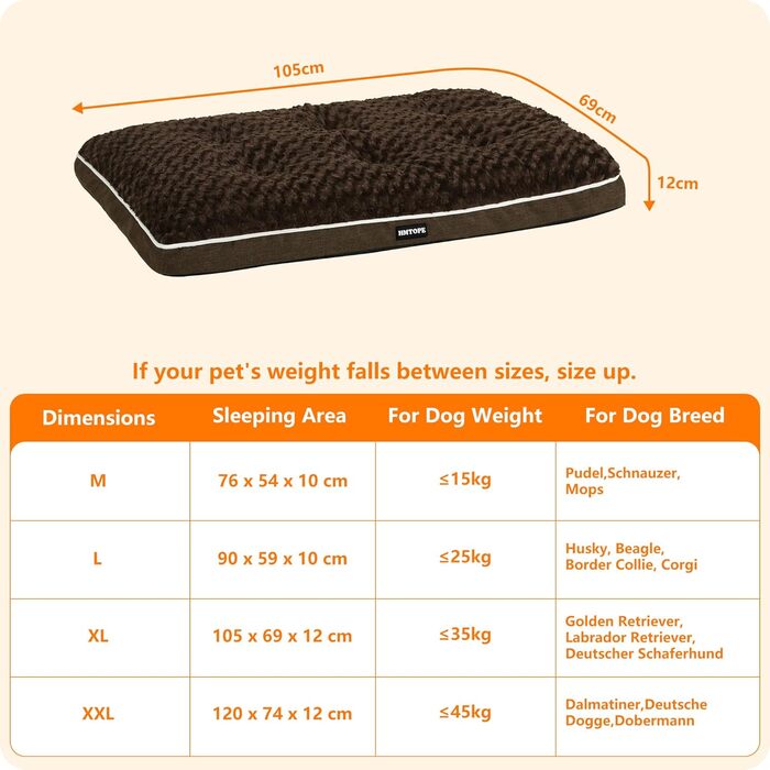 Ортопедичне ліжко для собак, матрац для собак з двошаровим дизайном, миється, знімний кошик для собак, 105 см для середніх собак, коричневий L 105 x B 69 x H 12 см Коричневий