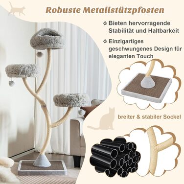 Дерев'яний кігтетопор для котів COSTWAY 178 см з 3 лежаками, м'ячиками та сизалевими стовпчиками, великий, з металевим каркасом, сірий