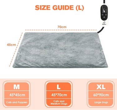 Електричний килимок для обігріву домашніх тварин (кішки та собаки), регульований, з таймером та температурою 30-55°C, розміри M (45*45 см) та L (70*45 см)