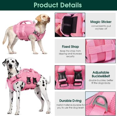 Жилет для плавання собак Kuoser: регульований, з рипстоп тканини, для малих, середніх та великих собак, з ручкою для рятування, рожевий (M)