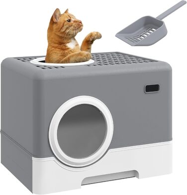 Туалет для котів PawHut з кришкою і лопаткою, 2 виходи, пластик, сірий, для котів до 4 кг, 52x41x38,5 см