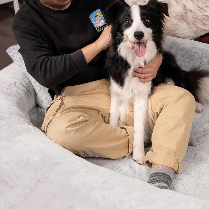 Велике ліжко для собак та людей FURRYFECTION, 180x114x35.6 см, сіре, з підстилкою та подушкою