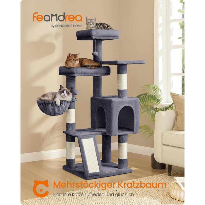 Ігровий комплекс для котів Feandrea Kratzbaum: 3 лежанки, будиночок-печера та кошик, висота 136 см, темно-сірий