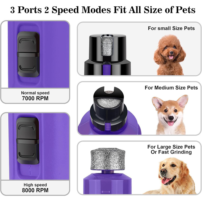 Шліфувальник для собак Bousnic Krallenschleifer: тихий електричний триммер з LED-підсвічуванням для собак та котів середніх та малих порід, фіолетовий