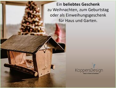 Силосна годівниця для птахів Koppersdesign, підвісна, водостійка, FSC-тверда деревина, шиферний дах, люксова ручна робота, дві камери для корму